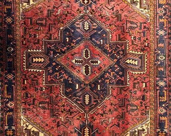 Vintage Turkish Rug 7.3x10.6 ft – Hand-Knotted Wool Geometric Area Carpet