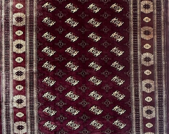 13.5x8.8 Vintage Turkaman Wool Rug, 1960s Hand Knotted 300 KPSI Large Area Rug