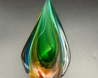 Sommerso Art Glass Teardrop Sculpture, Green Blue Amber, 9.25 Inch Decorative Paperweight