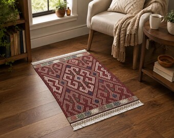 2x3 Vintage Turkish Wool Rug, Anatolian Geometric Village Small Accent Rug