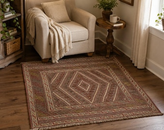 3.7x4 Vintage Turkish Wool Rug, Geometric Anatolian Small Area Rug