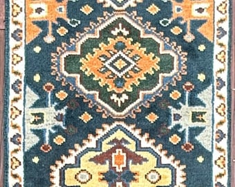 Turkish Wool Runner Rug, Navy Orange Diamond Medallions, Handmade Hallway Carpet (2'7" x 10')