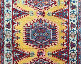 Turkish Wool Geometric Medallion Rug, Yellow Blue Red Floral Border 3x5 ft