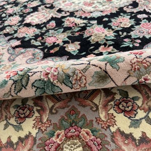 1970s Turkish Tabriz Rug | Hand-Knotted Silk Wool Square Floral Medallion Carpet 8x8 ft. image 9
