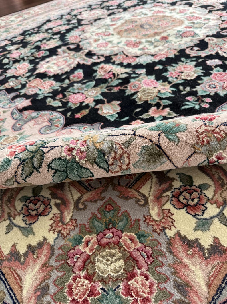 1970s Turkish Tabriz Rug | Hand-Knotted Silk Wool Square Floral Medallion Carpet 8x8 ft. image 9