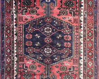 Vintage Red Navy Geometric Medallion Wool Rug, 3 ft 7 in x 6 ft 3 in