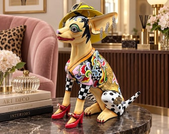 Tom’s Drag Frida Chihuahua 4077, Thomas Hoffmann Hand-Painted Dog Figurine, Colorful Maximalist Collectible Sculpture