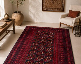 Handmade Wool Afghan Rug, Red Geometric Tribal Design 4.2 x 7 ft
