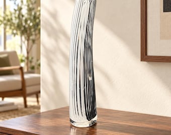 Murano Style Bianco Nero Glass Vase, White and Smoke Gray Mezza Filigrana, 12.25 Inch