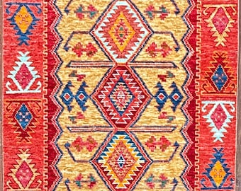 Handmade Wool Rug, Red Gold Diamond Motif, Geometric Design (4'2" x 8')