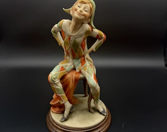Giuseppe Armani Harlequin Figurine, 11.5 Inch Seated Arlecchino, Multicolor Costume, Wooden Base