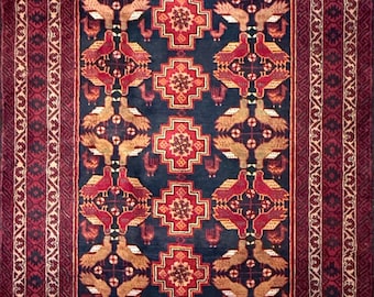 Vintage Turkish Wool Rug, Navy Burgundy Bird Motif, 1980s Handmade 3.6x6.6 ft