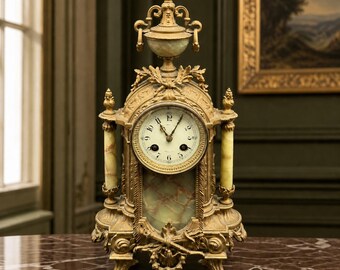 Antique French Samuel Marti French Mantel Clock, Gilt Metal, Green Onyx, Louis XVI Style (Circa 1890)