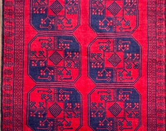 Vintage Red Navy Wool Medallion Rug, Geometric Pattern, Handmade Turkey (3'8" x 6'10")