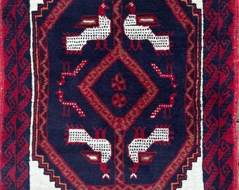 Turkish Handmade Wool Rug, Red Navy Bird Motif Medallion (2'9" x 5'3")