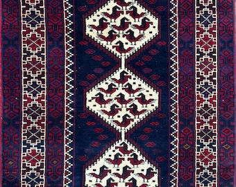 Vintage Turkish Wool Rug, Navy Blue Bird Medallion Area Rug (3'7" x 5'2")