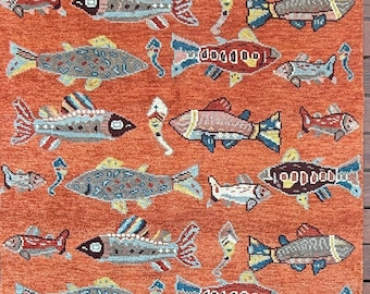 Turkish Fish Rug, 4 ft 2 in x 6 ft, Hand-Knotted Wool