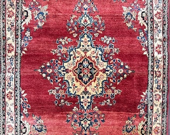 Vintage Red Ivory Floral Medallion Wool Rug, 1970s Turkish Handmade (4'5" x 7')