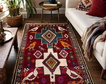 Vintage Handmade Gabbeh Wool Tribal Bird Area Rug Boho Geometric Hand Knotted Carpet 3x6 ft.