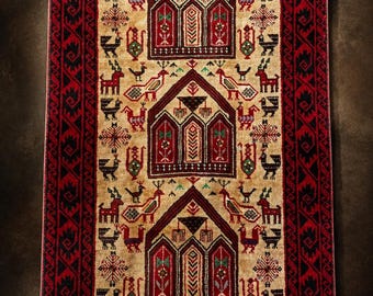 Rare Vintage Balouch Zaidan Pictorial Wool Runner Rug: 6x3 Ft, Hand-Knotted Tribal Hallway Accent