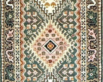 Turkish Wool Runner Rug, Green Ivory Diamond Medallion, Floral Border 2'6" x 8'