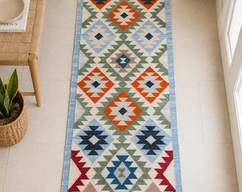2x6 ft Handwoven Wool Kilim Runner Rug: Modern Anatolian Design