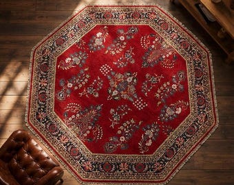 Vintage Octagonal Sarouk Turkish Hand-Knotted Wool Rug 8.6 Ft Red Floral Area Rug  Traditional Statement Carpet