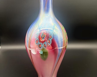 Vintage Murano Millefiori Glass Vase, 14 Inch Pink and Blue Floral Art Glass