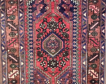 Vintage Red Blue Diamond Medallion Wool Rug, 3 ft 2 in x 6 ft 2 in