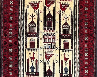 Vintage Turkish Wool Rug, Ivory Burgundy Bird Motif, 1990s Handmade 3'5"x6'7"