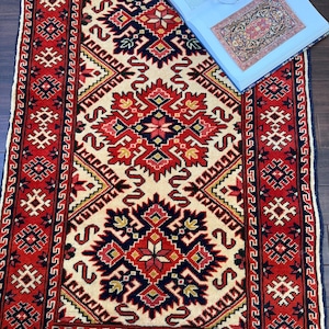 1950s Kazak Wool Rug, Hand-Knotted Tribal Wool Rug 2x4 Ft, Vintage Kazak Rug, Small Handwoven Wool Carpet,  31x53 in Hand-knotted Rug