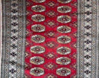 Vintage Pakistani Wool Rug, Red Geometric Medallions, Ivory Borders (3x5 ft)