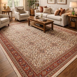 May include: A large, rectangular area rug with an intricate floral pattern in cream, red, and blue. The rug features a detailed border and is placed on a hardwood floor, creating a warm and inviting living space.