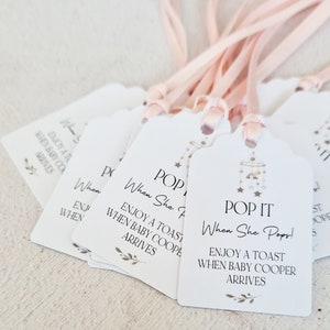 Pop It When She Pops Personalised Baby Shower Favour Tags With Baby Mobile White Tags Size small  3x4.5cm