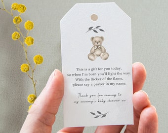 Candle Baby Shower Favour Tags , Personalised Teddy Bear Tags - Size Large 5 x 8.5cm