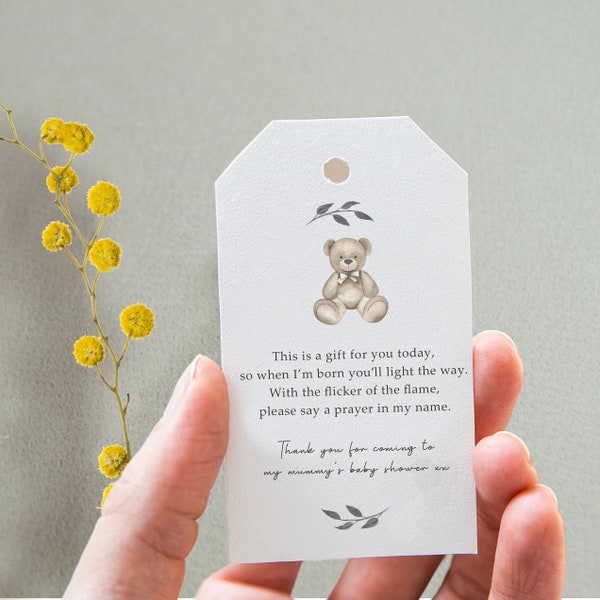 Candle Baby Shower Favour Tags , Personalised Teddy Bear Tags - Size Large 5 x 8.5cm