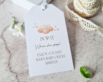 Personalised When She Pops Tags, Baby Shower Favour Tags With Cloud Design - Size Large 5 x 8.5cm