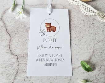 Printed Baby Shower Favour Tags, Personalised When She Pops Tags With Bear Design - Size Large 5 x 8.5cm