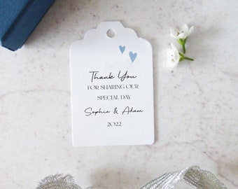 Thank You For Sharing Our Special Day Personalised Wedding Favour Tags - Vertical Blue Heart Design - Size small  3x4.5cm