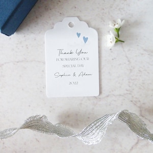 Thank You For Sharing Our Special Day Personalised Wedding Favour Tags - Vertical Blue Heart Design - Size small  3x4.5cm