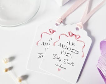 Pink Bow Pop And Cheer Tags, Baby Shower Favour Tags, Personalised Tags, Pink Bow Design - Size small  3x4.5cm