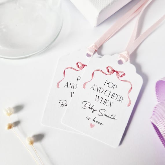 Pink Bow Pop And Cheer Tags, Baby Shower Favour Tags, Personalised Tags, Pink Bow Design - Size small  3x4.5cm