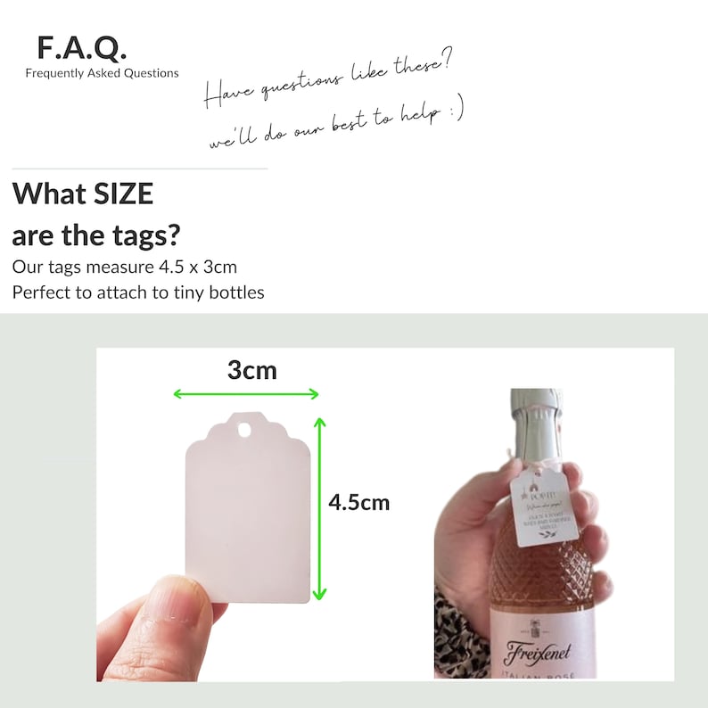 May include: A white gift tag with a scalloped edge and a hole for string. The tag measures 4.5 inches by 3 inches. The tag is being held by a hand, and a small bottle of sparkling wine is in the background.