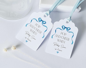 Blue Bow Pop And Cheer Tags, Baby Shower Favour Tags, Personalised Tags, Blue Bow Design - Size small  3x4.5cm