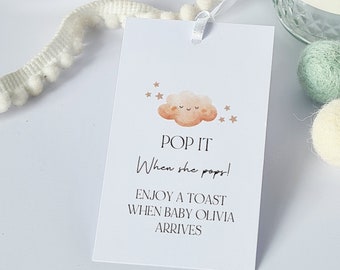 Printed Baby Shower Favour Tags, Personalised When She Pops Tags With Cloud Design - Size Large 5 x 8.5cm