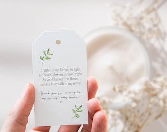 Personalised Candle Baby Shower Favour Tags - Boho Baby Design With Greenery Design - Size Large 5 x 8.5cm