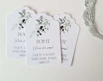 Personalised Baby Shower Pop It When She Pops Tags, Greenery Design, Printed Tags,  Size small  3x4.5cm