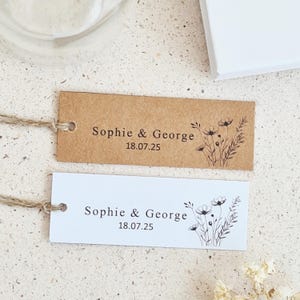 Wedding Favour Tags, Personalised Gift Tags, Thank you Tags, Wildflower Design, Floral Tags, Kraft, White, Cream Linen, Size Long 2.5x7cm