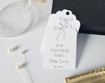 Baby Shower, Pop And Cheer Tags, Baby Shower Favour Tags, Personalised Tags, Black Bow Design - Size small  3x4.5cm