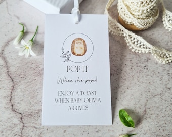 Personalised Baby Shower Favour Tags, When She Pops Tags, With Hedgehog Design - Size Large 5 x 8.5cm